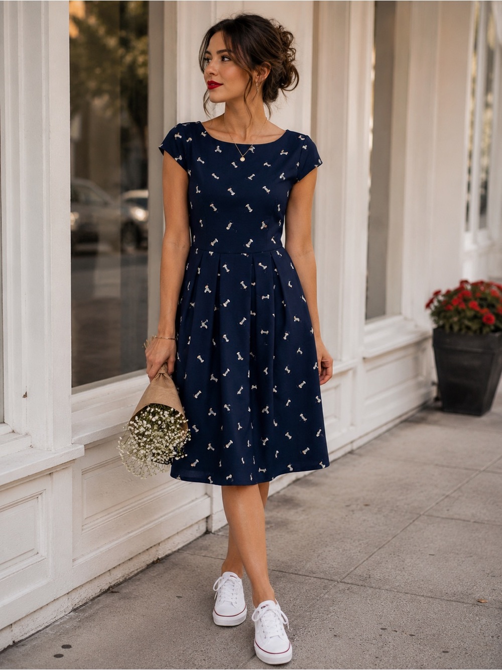 Fit-and-Flare Navy Midi Dress with Cap Sleeves